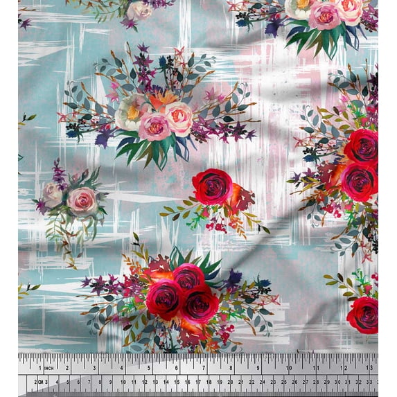 Soimoi Blue Rayon Fabric Leaves & Ranunculus Floral Print Fabric by the Yard 42 Inch Wide