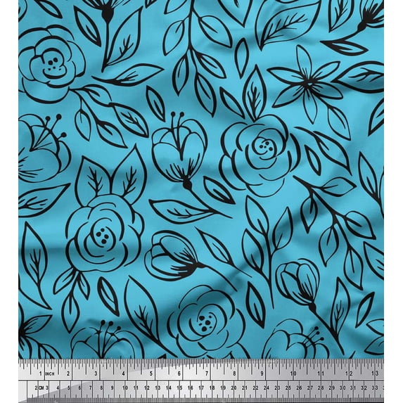 Soimoi Blue Rayon Fabric Leaves & Rose Floral Fabric Prints By Yard 56 Inch Wide