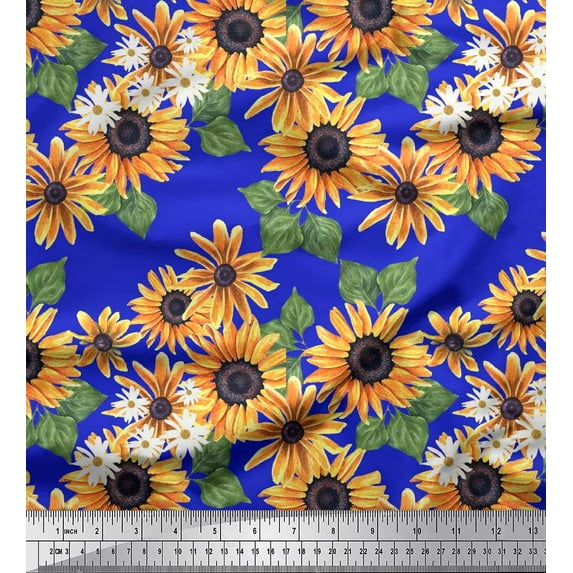 Soimoi Blue Rayon Fabric Leaves & Sunflower Floral Fabric Prints By Yard 42 Inch Wide