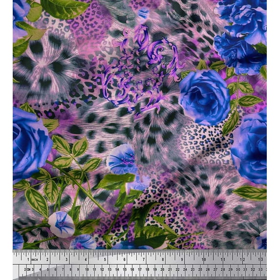 Soimoi Blue Rayon Fabric Leopard Skin,Leaves & Floral Print Fabric by The Yard 42 Inch Wide