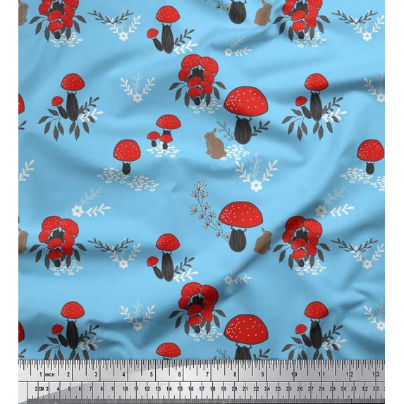 Soimoi Blue Rayon Fabric Rabbit & Mushroom Clip Art Print Fabric by the Yard 42 Inch Wide