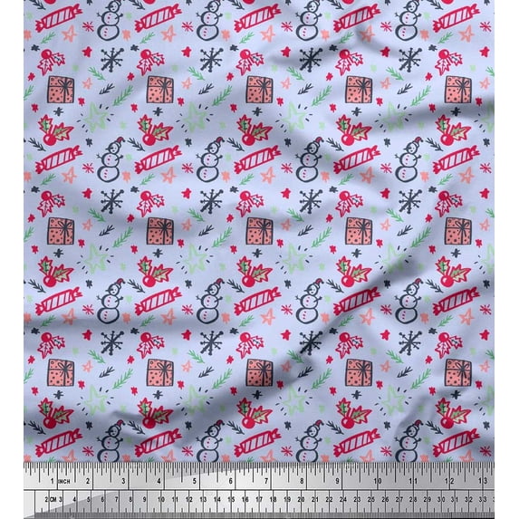 Soimoi Blue Rayon Fabric Snowman,Candies & Gift Box Christmas Decor Fabric Printed Yard 56 Inch Wide