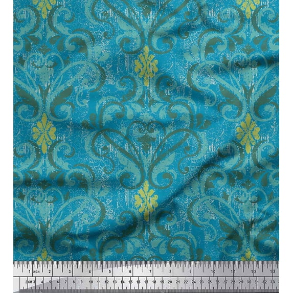 Soimoi Blue Rayon Fabric Vector Design Damask Decor Fabric Printed Yard 56 Inch Wide