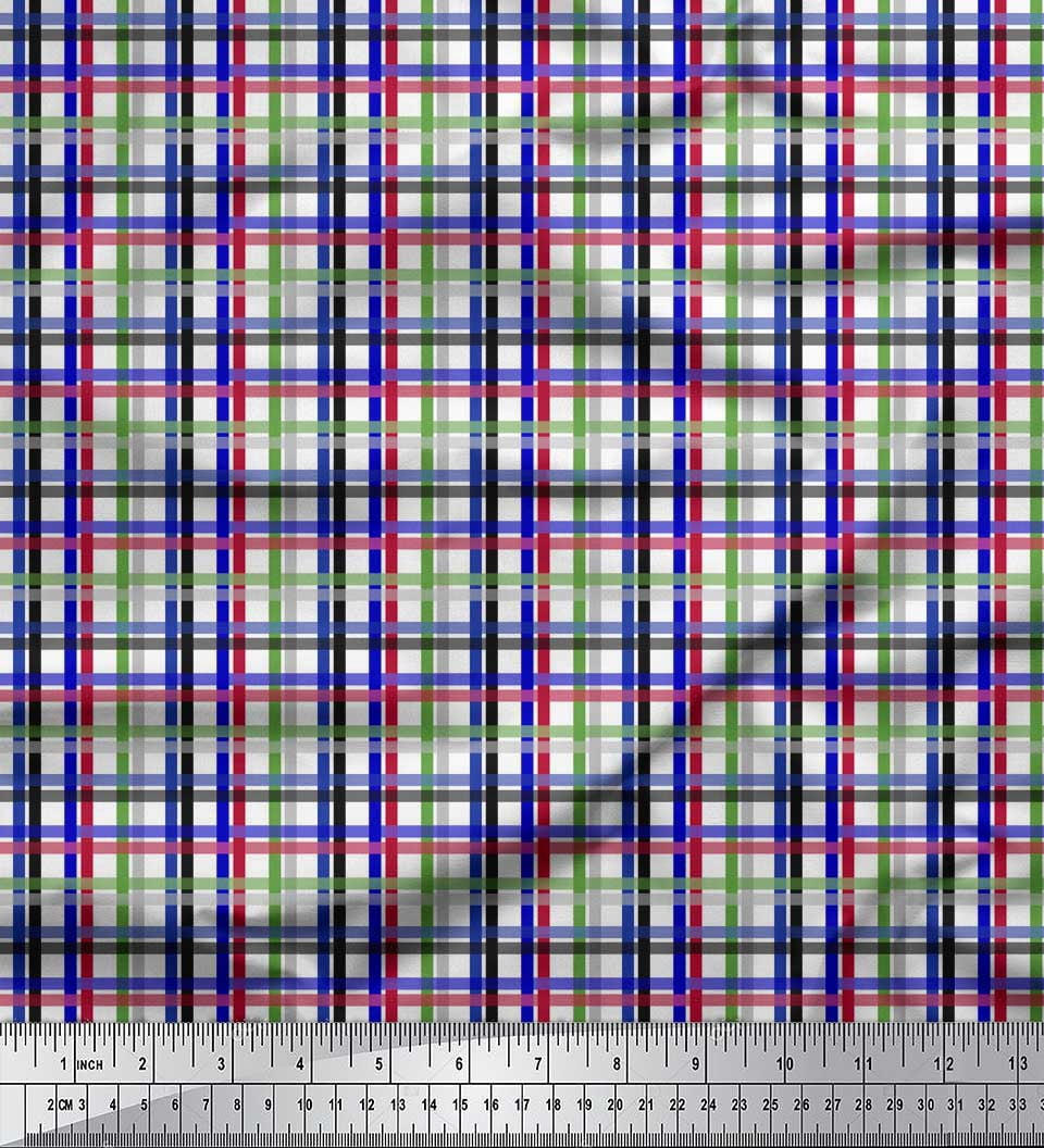 Soimoi Blue Satin Silk Fabric Window Pane Check Printed Craft Fabric by ...