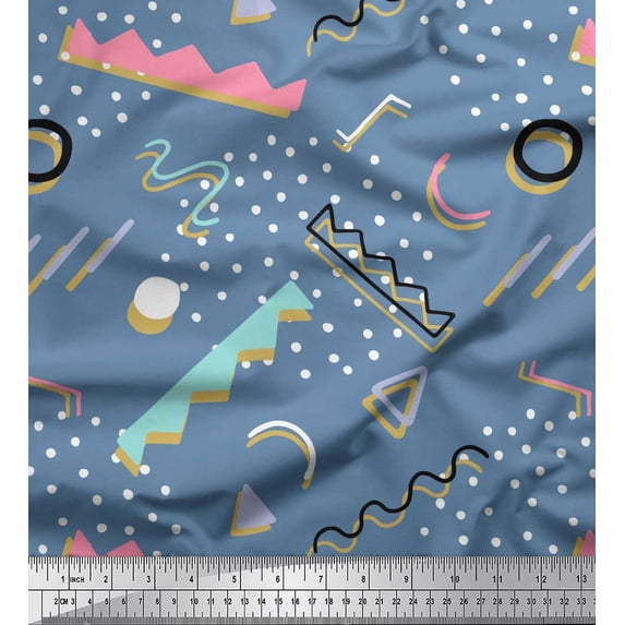 Soimoi Blue Silk Fabric Abstract & Dots Print Fabric by Yard 42 Inch Wide