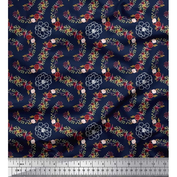 Soimoi Blue Silk Fabric Anemone & Roses Floral Print Decor Fabric Printed By the Yard 44 Inch Wide