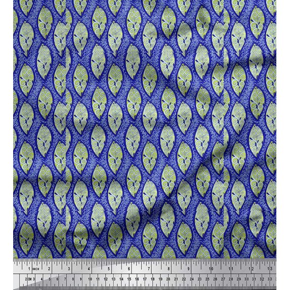 Soimoi Blue Silk Fabric Artistic Leaves Decor Fabric Printed Yard 42 Inch Wide