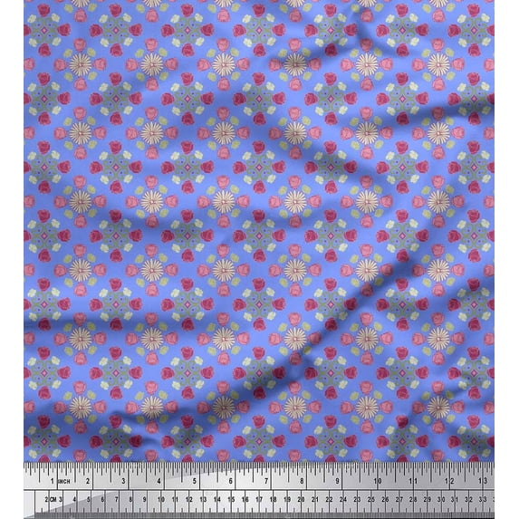 Soimoi Blue Silk Fabric Aster & Roses Damask Printed Fabric 1 Yard 42 Inch Wide