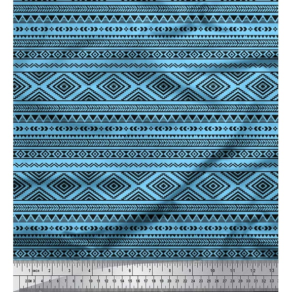 Soimoi Blue Silk Fabric Aztec Geometric Print Sewing Fabric Yard 42 Inch Wide
