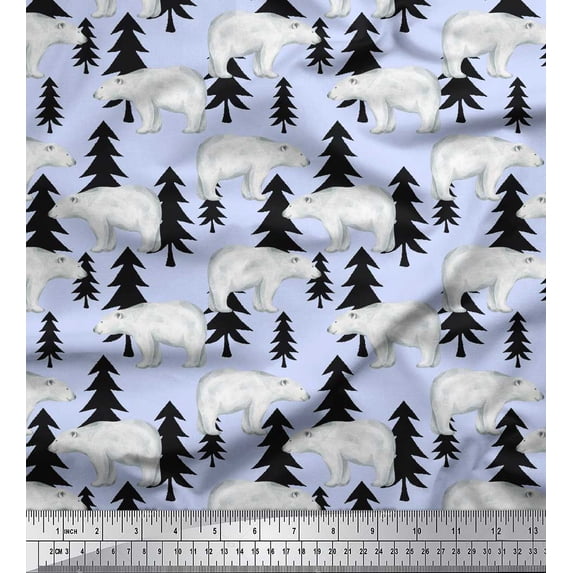 Soimoi Blue Silk Fabric Bear Tree Print Fabric by the Yard 44 Inch Wide