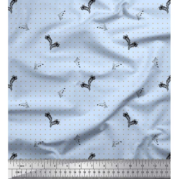 Soimoi Blue Silk Fabric Black Sketch Feather & Dots Print Fabric by the Yard 42 Inch Wide