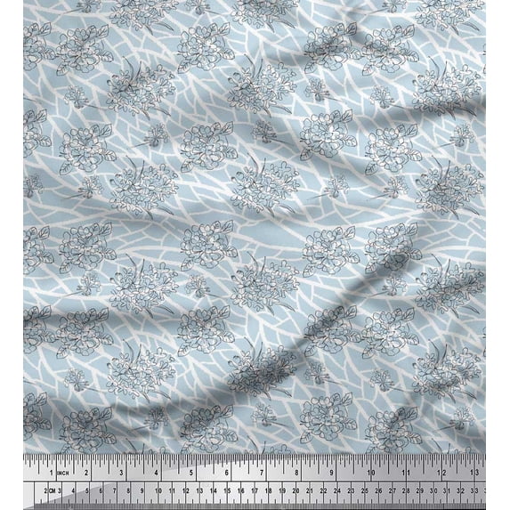 Soimoi Blue Silk Fabric Black Sketch Floral Print Fabric by the Yard 44 Inch Wide