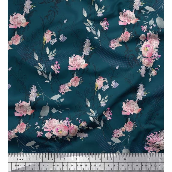 Soimoi Blue Silk Fabric Blossom & Peony Floral Printed Craft Fabric by The Yard 44 Inch Wide