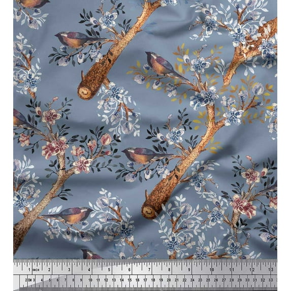 Soimoi Blue Silk Fabric Blue Floral & American Robin Bird Print Fabric by The Yard 42 Inch Wide