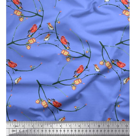 Soimoi Blue Silk Fabric Branch,Floral & American Robin Bird Decor Fabric Printed BTY 42 Inch Wide