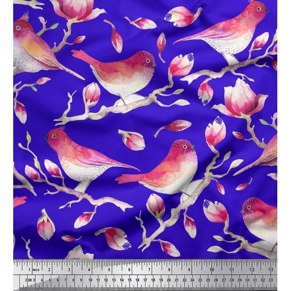 Soimoi Blue Silk Fabric Branch,Pink Floral & American Robin Bird Decor Fabric Printed BTY 42 Inch Wide