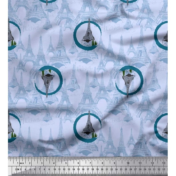 Soimoi Blue Silk Fabric Cedar Tree & Eiffel Tower Architectural Print Sewing Fabric Yard 42 Inch Wide