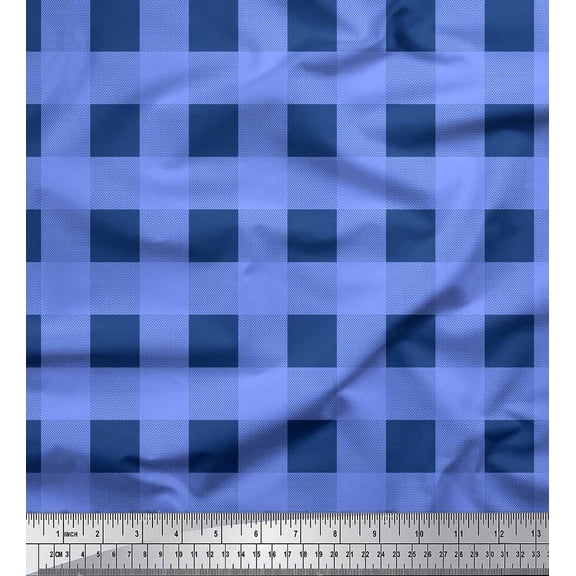 Soimoi Blue Silk Fabric Check & Dots Print Sewing Fabric Yard 44 Inch Wide