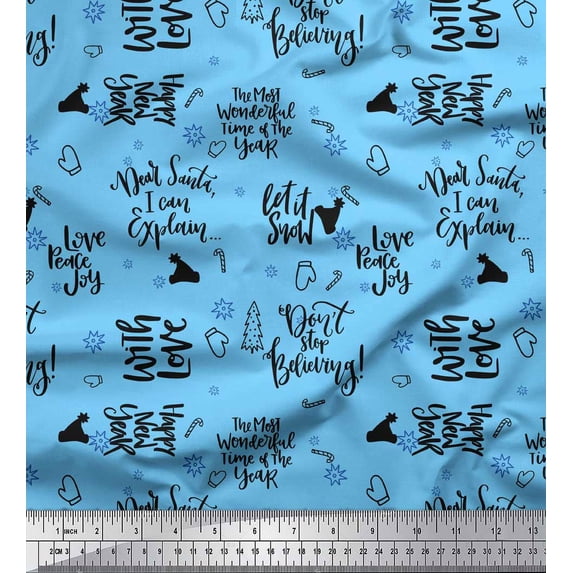 Soimoi Blue Silk Fabric Christmas Tree & Love Peace Joy Text Printed Fabric 1 Yard 42 Inch Wide