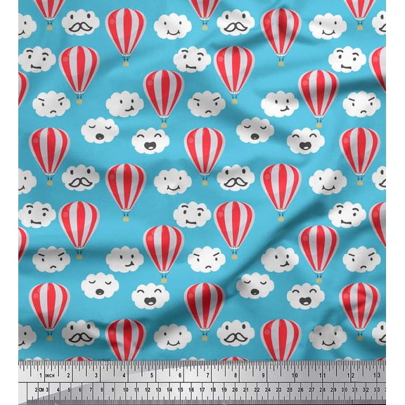 Soimoi Blue Silk Fabric Cloud & Hot Air Balloon Holiday Printed Fabric 1 Yard 42 Inch Wide