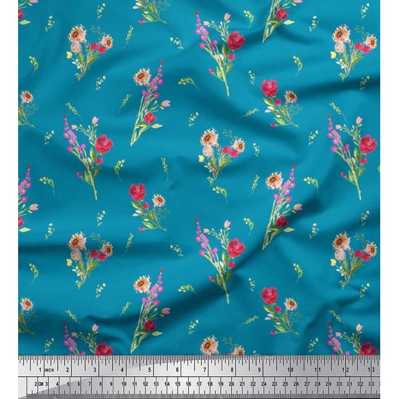 Soimoi Blue Silk Fabric Clover Leaves Floral Decor Fabric Printed Yard 44 Inch Wide