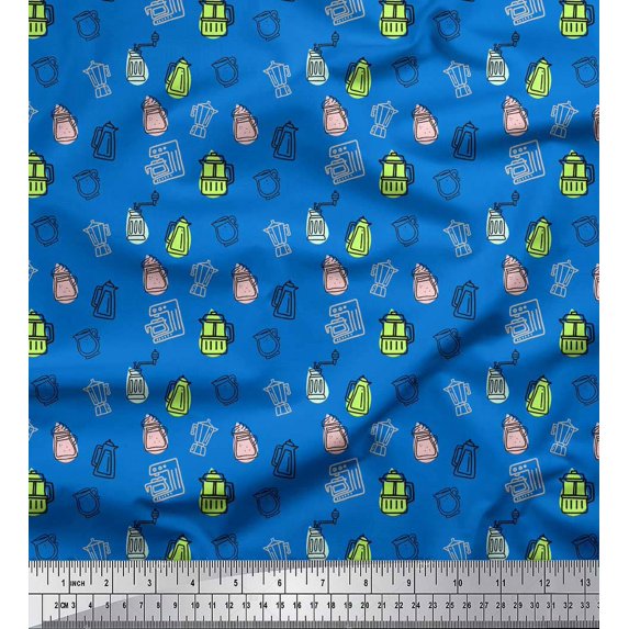 Soimoi Blue Silk Fabric Coffee Machine & Jug Kitchen Print Sewing Fabric Yard 42 Inch Wide