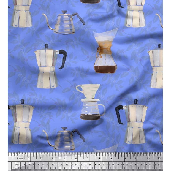 Soimoi Blue Silk Fabric Coffee Maker & Mixer Jar Kitchen Print Fabric by Yard 42 Inch Wide