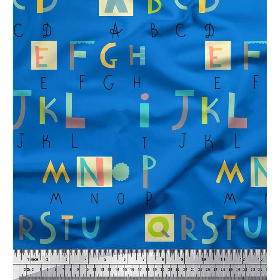Soimoi Blue Silk Fabric Colorful Alphabets Text Printed Fabric 1 Yard 42 Inch Wide