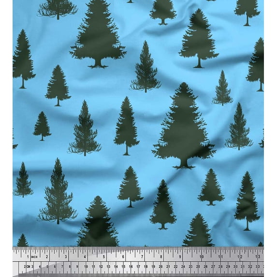 Soimoi Blue Silk Fabric Deodar Cedar Tree Printed Craft Fabric by the Yard 42 Inch Wide