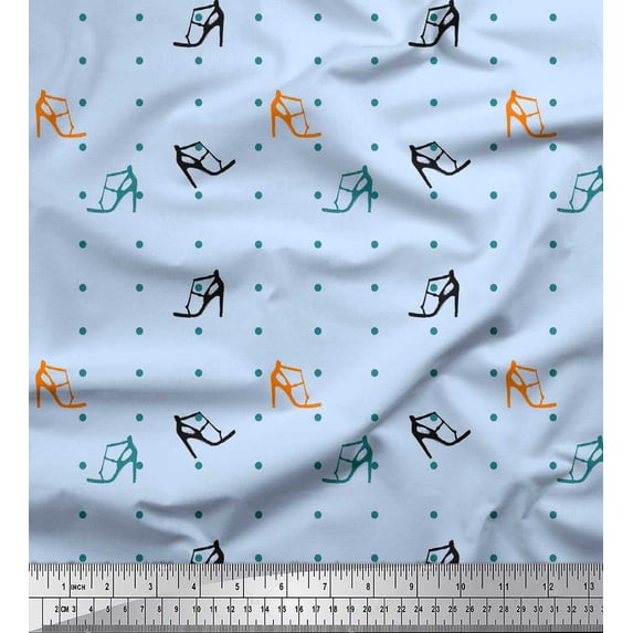 Soimoi Blue Silk Fabric Dot & High Heels Women Print Fabric by the Yard 42 Inch Wide