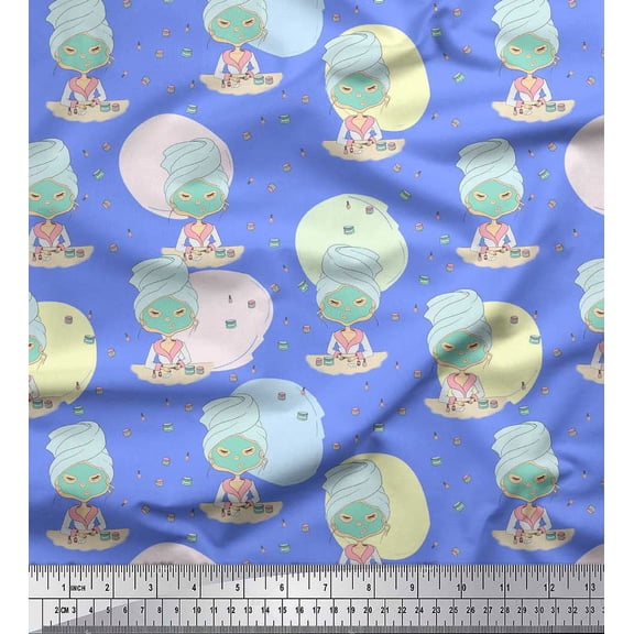 Soimoi Blue Silk Fabric Facial Mask & Nail Paint Women Print Sewing Fabric Yard 42 Inch Wide