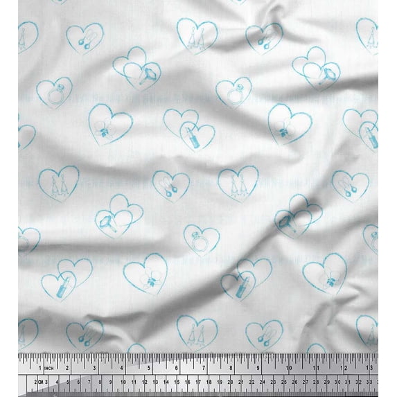 Soimoi Blue Silk Fabric Fashion Accessories & Heart Printed Fabric 1 Yard 42 Inch Wide