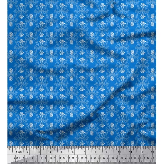 Soimoi Blue Silk Fabric Floral Damask Floral Decor Fabric Printed Yard 44 Inch Wide