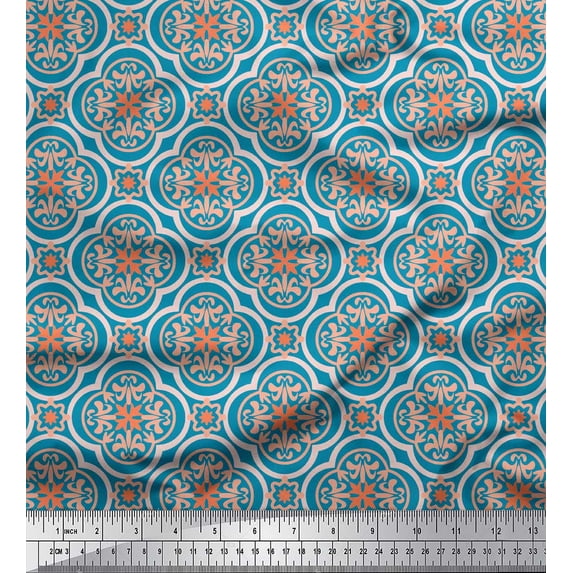 Soimoi Blue Silk Fabric Floral Damask Print Sewing Fabric Yard 42 Inch Wide