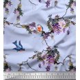 thumbnail image 1 of Soimoi Blue Silk Fabric Floral & Flowerpecker Bird Print Fabric by Yard 44 Inch Wide, 1 of 3