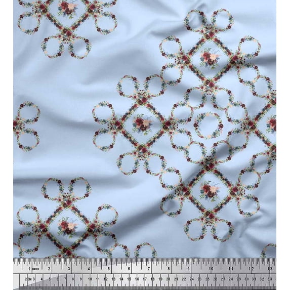 Soimoi Blue Silk Fabric Floral Wreath Geometric Printed Craft Fabric by the Yard 44 Inch Wide