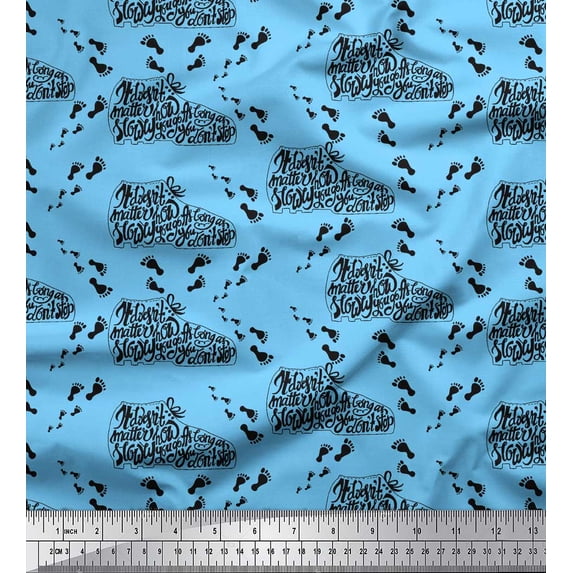 Soimoi Blue Silk Fabric Foot Print & Text Print Fabric by the Yard 42 Inch Wide