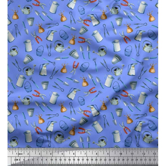 Soimoi Blue Silk Fabric Garden Tool Hardware Printed Fabric 1 Yard 44 Inch Wide