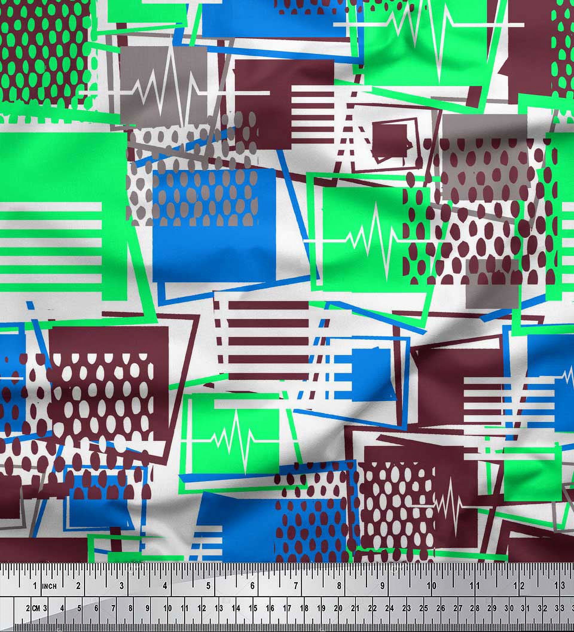 Soimoi Blue Silk Fabric Geometric Abstract Print Sewing Fabric Yard 42 Inch Wide