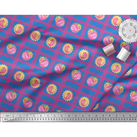 Soimoi Blue Silk Fabric Geometric & Flamingo Bird Decor Fabric Printed Yard 44 Inch Wide