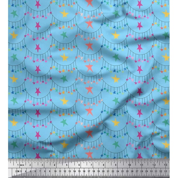 Soimoi Blue Silk Fabric Hanging Star Party Print Fabric by the Yard 42 Inch Wide