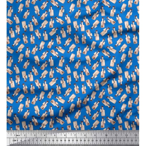 Soimoi Blue Silk Fabric Hedgehog & Bottle Artistic Print Sewing Fabric Yard 42 Inch Wide