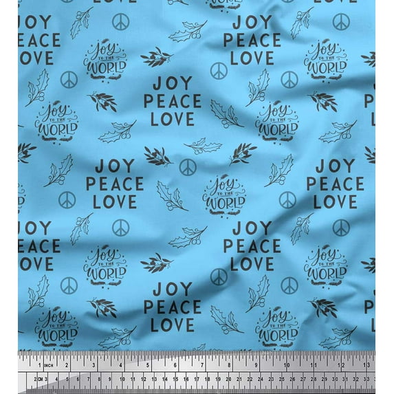 Soimoi Blue Silk Fabric Holly Leaves & Text Print Fabric by the Yard 42 Inch Wide