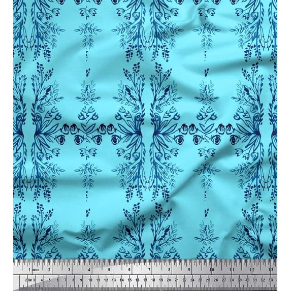 Soimoi Blue Silk Fabric Leaf Floral Print Sewing Fabric Yard 42 Inch Wide