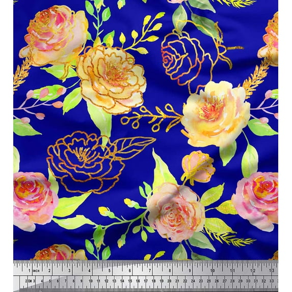 Soimoi Blue Silk Fabric Leaves & Begonia Floral Printed Fabric 1 Yard 42 Inch Wide