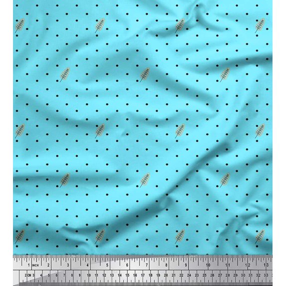 Soimoi Blue Silk Fabric Leaves & Dots Print Fabric by Yard 42 Inch Wide