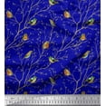 thumbnail image 1 of Soimoi Blue Silk Fabric Leaves & Flowerpecker Bird Print Fabric by the Yard 44 Inch Wide, 1 of 3