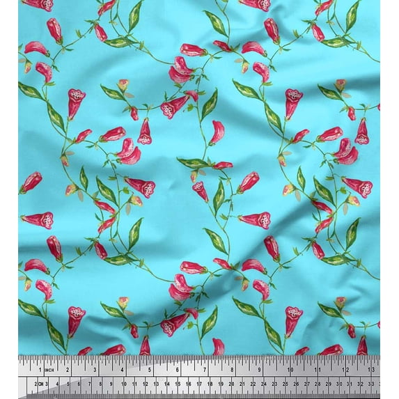 Soimoi Blue Silk Fabric Leaves & Foxglove Floral Decor Fabric Printed Yard 42 Inch Wide