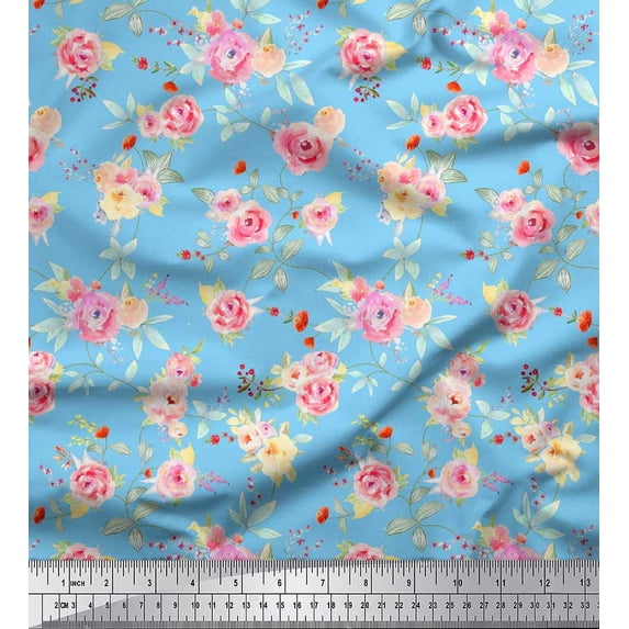 Soimoi Blue Silk Fabric Leaves & Rose Floral Print Fabric by the Yard 42 Inch Wide
