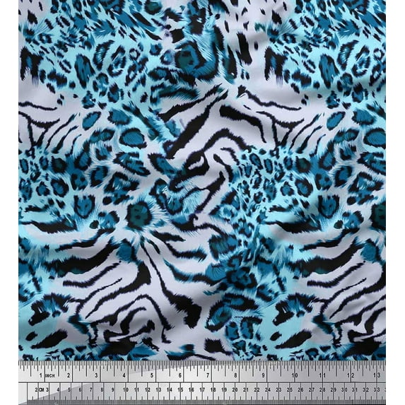 Soimoi Blue Silk Fabric Leopard & Wild Animal Skin Print Sewing Fabric BTY 42 Inch Wide